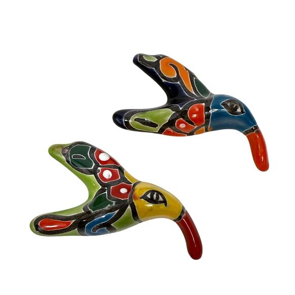 Talavera hummingbird Mexican Handmade ceramic clay Folk Art Wall Art Set of 2 - Picture 1 of 3